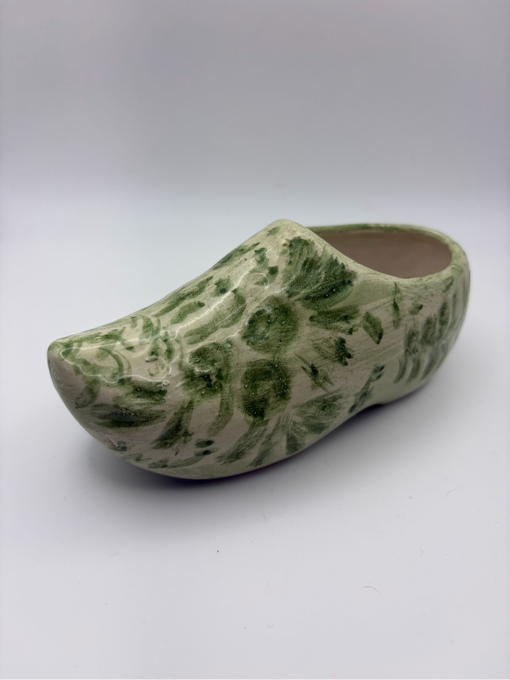 Vintage Ceramic Dutch Clog Shoe Figurine Green Floral Hand Painted 6” Decor
